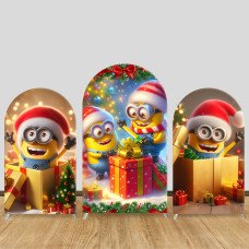 JY491 Minions Christmas Gift Arch Backdrop Cover, Elastic Fabric Background for Kids Festive Party