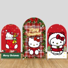 JY496 Plaid Christmas Hello Kitty Arch Backdrop Cover, Elastic Fabric Background for Kids Holiday Party