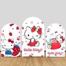 JY499 Strawberry Hello Kitty Arch Backdrop Cover, Elastic Fabric Background for Girls Sweet Themed Party