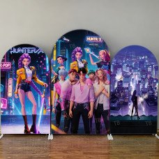 JY4201 Cyberpunk City K-Pop Girl Group Arch Backdrop Cover, Elastic Fabric Background for Neon Party