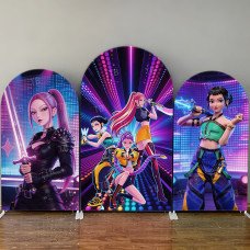 JY4206 K-Pop Demon Hunters Neon Stage Arch Backdrop Cover, Elastic Fabric Background for Themed Party