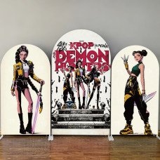 JY4209 K-Pop Demon Hunters Retro Comic Style Arch Backdrop Cover, Elastic Fabric Background for Unique Party