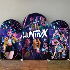 JY4210 K-Pop Demon Hunters Geometric Neon Arch Backdrop Cover, Elastic Fabric Background for Modern Party