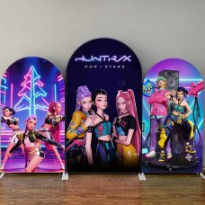 JY4212 K-Pop Demon Hunters Neon Pop Star Arch Backdrop Cover, Elastic Fabric Background for K-Pop Fans Party