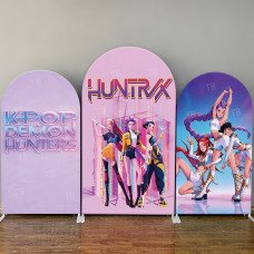 JY4216 K-Pop Demon Hunters Pink Purple Theme Arch Backdrop Cover, Elastic Fabric Background for Girl Party