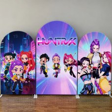 JY4217 K-Pop Demon Hunters Chibi Style Arch Backdrop Cover, Elastic Fabric Background for Cute Party