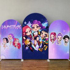 JY4218 K-Pop Demon Hunters Kawaii Chibi Characters Arch Backdrop Cover, Elastic Fabric Background for Kids Party