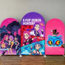 JY4236 K-Pop Demon Hunters Cute Character Card Arch Backdrop Cover, Elastic Fabric Background for Fans Party