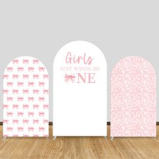 JY512 Girls Just Wanna Be One Arch Backdrop Cover, Pink Bow Lace Elastic Fabric Arch Backdrop for Baby Girls 1st Birthday Party Decoration