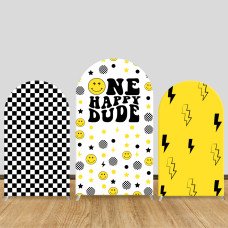 JY513 One Happy Dude Yellow Arch Backdrop Cover, Checkerboard Lightning Bolt Elastic Fabric Arch Backdrop for Boys 1st Birthday Party Decoration