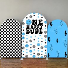 JY514 One Happy Dude Blue Arch Backdrop Cover, Checkerboard Lightning Bolt Elastic Fabric Arch Backdrop for Boys 1st Birthday Party Decoration