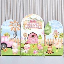 JY523 Pink Farm Animals Happy Birthday Arch Backdrop Cover, Elastic Fabric Arch Backdrop for Girls Birthday Party, Photo Booth Decoration