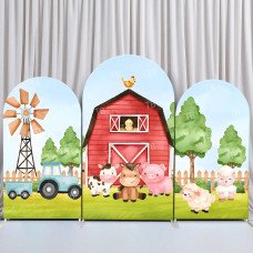 JY523 Farm Animals Red Barn Arch Backdrop Cover, Elastic Fabric Arch Backdrop for Kids Birthday Party, Photo Booth Decoration