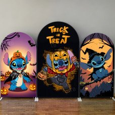 JY532 Stitch Halloween Trick or Treat Arch Backdrop Cover, Elastic Fabric Arch Backdrop for Kids Halloween Party Decoration