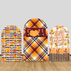 JY533  Fall Pumpkin Plaid Arch Backdrop Cover, Elastic Fabric Arch Backdrop for Autumn Party, Thanksgiving Decoration