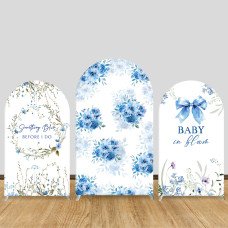 JY549  Something Blue Floral Arch Backdrop Cover, Baby in Bloom Blue Bow Elastic Fabric Arch for Wedding, Baby Shower Decoration