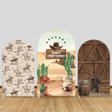 JY550  Name's First Rodeo Western Cowboy Arch Backdrop Cover, Elastic Fabric Arch for 1st Birthday Party, Photo Booth Decoration