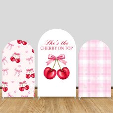 JY556  She's the Cherry on Top Arch Backdrop Cover, Pink Bow Cherry Elastic Fabric Arch for Girls Birthday, Baby Shower Decoration
