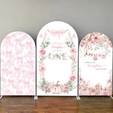 JY562  Our Little Pumpkin is Turning One Arch Backdrop Cover, Pink Floral Bow Elastic Fabric Arch for Baby Girls 1st Birthday, Baby Shower Decoration
