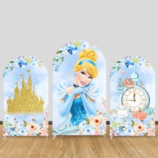 JY567  Cinderella Princess Arch Backdrop Cover, Blue Floral Gold Glitter Elastic Fabric Arch for Girls Birthday Party, Photo Booth Decoration