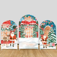 JY568  Watercolor Christmas Santa Claus Village Arch Backdrop Cover, Elastic Fabric Arch for Holiday Party, Photo Booth Decoration