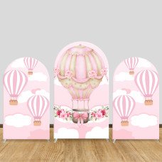 JY573 Pink Hot Air Balloon Floral Arch Backdrop Cover, Elastic Fabric Arch for Baby Shower, Girls Birthday Party Decoration