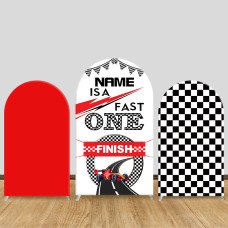 JY583   Fast One Race Car 1st Birthday Arch Backdrop Cover, Checkered Flag Elastic Fabric Arch for Boys Birthday Party Decoration