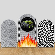 JY584  Monster Truck Flame Arch Backdrop Cover, Checkered Flag Elastic Fabric Arch for Boys Birthday Party, Photo Booth Decoration