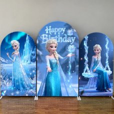 JY606  Frozen Elsa Happy Birthday Arch Backdrop Cover, Ice Castle Elastic Fabric Arch for Girls Birthday, Winter Party Decoration