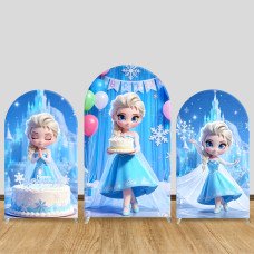 JY612  Frozen Chibi Elsa Birthday Cake Balloon Arch Backdrop Cover, Elastic Fabric Arch for Girls 1st Birthday, Winter Party Decoration