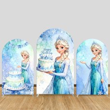 JY614  Frozen Elsa Watercolor Birthday Cake Arch Backdrop Cover, Elastic Fabric Arch for Girls Birthday, Winter Wonderland Decoration