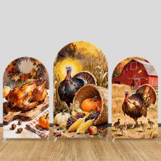JY630 Thanksgiving Turkey Harvest Arch Backdrop Cover, Rustic Farm Pumpkin Corn Fabric Arch for Thanksgiving Party, Fall Holiday Decoration