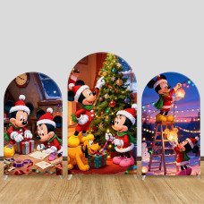 JY631 Mickey Minnie Christmas Magic Arch Backdrop Cover, Disney Santa Xmas Tree Fabric Arch for Kids Birthday, Winter Party Decoration