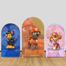 JY635-1 Paw Patrol Chase Zuma Skye Arch Backdrop Cover, Blue Orange Pink Elastic Fabric for Kids Birthday Party