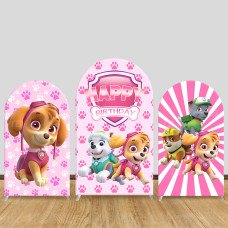 JY635-1 Paw Patrol Skye Happy Birthday Arch Backdrop Cover, Pink Paw Print Elastic Fabric for Girls Party