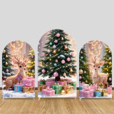 JY642 Christmas Reindeer Pink Gold Gift Arch Backdrop Cover, Elastic Fabric Arch for Christmas Party, Winter Holiday Decoration