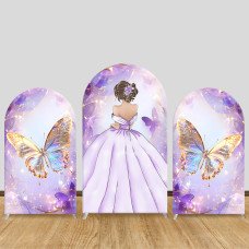 JY644 Purple Dress Butterfly Dreamy Princess Arch Backdrop Cover, Elastic Fabric Arch for Girls Birthday, Wedding Party Decoration