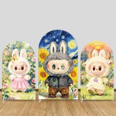 JY646 Labubu Watercolor Garden Arch Backdrop Cover, Elastic Fabric Arch for Kids Birthday, Trendy Toy Party Decoration