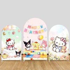 JY647 Sanrio Happy Birthday Watercolor Arch Backdrop Cover, Elastic Fabric Arch for Kids Birthday, Party Decoration