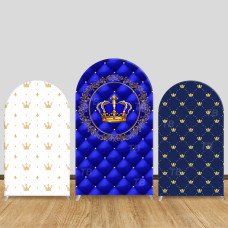 JY657 Royal Prince Crown Blue Gold Arch Backdrop Cover, Luxury Elastic Fabric Arch for Baby Shower, King Queen Themed Party