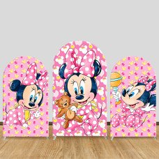 JY658 Baby Minnie Mouse Pink Teddy Arch Backdrop Cover, Watercolor Fabric Arch for Kids Birthday, Baby Shower Cute Decoration