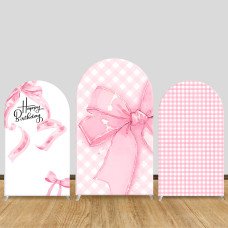 JY660 Pink Bow Happy Birthday Arch Backdrop Cover, Elastic Fabric Arch for Girls Birthday, Baby Shower Decoration
