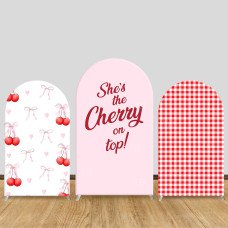 JY665  Cherry Bow Red White Gingham Arch Backdrop Cover, Elastic Fabric Arch for Girls Birthday, Sweet Party Decoration