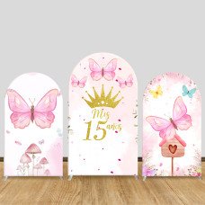 JY666  Butterfly Crown Mis Quince 15 Años Arch Backdrop Cover, Elastic Fabric Arch for Quinceañera, Sweet 15 Party Decoration