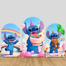 JY668  Stitch Rainbow Birthday Cake Arch Backdrop Cover, Elastic Fabric Arch for Kids Birthday, Cartoon Party Decoration