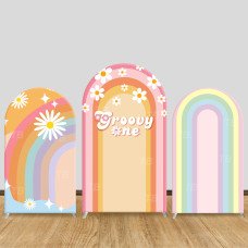 JY670  Groovy One Daisy Rainbow 1st Birthday Arch Backdrop Cover, Elastic Fabric Arch for Baby First Birthday, Boho Party Decoration