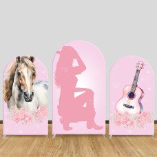 JY675  Pink Cowgirl Horse Guitar Arch Backdrop Cover, Watercolor Elastic Fabric Arch for Cowgirl Themed Party, Girls Birthday Decoration