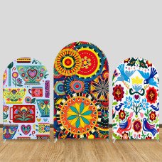 JY682  Mexican Folk Art Colorful Pattern Arch Backdrop Cover, Elastic Fabric Arch for Fiesta Party, Cultural Event Decoration