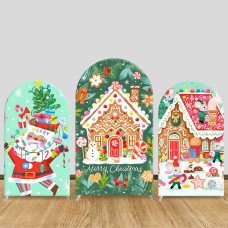 JY705 Christmas Gingerbread House Candy Arch Backdrop Cover, Watercolor Elastic Fabric Arch for Kids Christmas, Holiday Party Decoration
