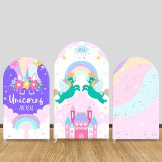 JY706 Unicorn Rainbow Castle Arch Backdrop Cover, Elastic Fabric Arch for Girls Birthday, Princess Party Decoration